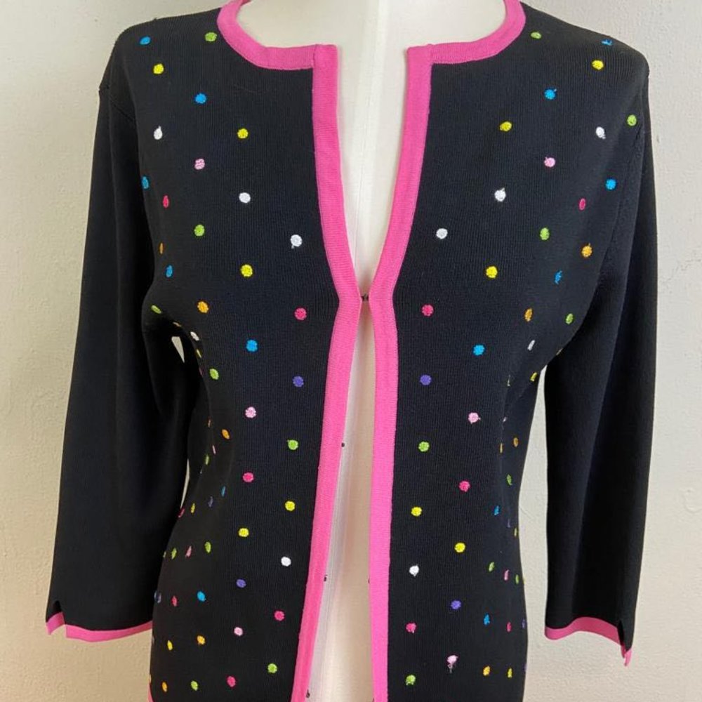Women Knit Chic Sweater Black Jacket / Knit Rayon Fabrics Polka Dots Pattern